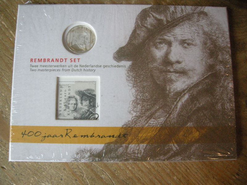 Rembrandt set met de 5 euromunt en de 6,45 eurozegel (afbeelding voor) Rembrandt set met de 5 euromunt en de 6,45 eurozegel